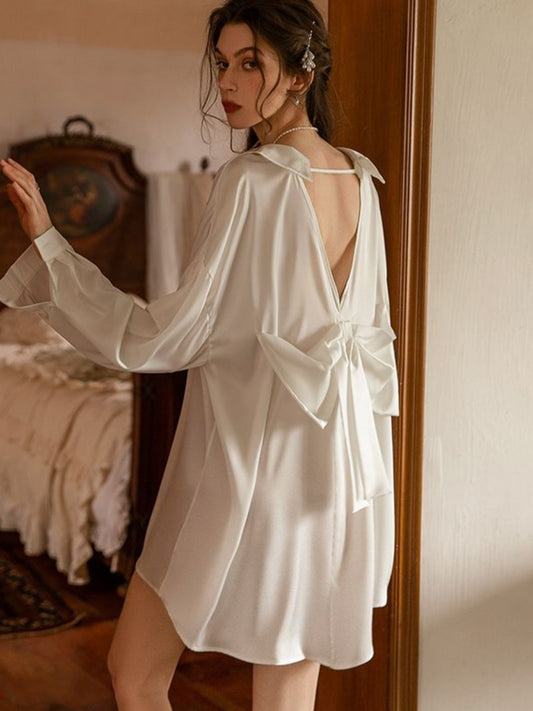 High-grade spring and autumn boyfriend style white shirt dress pure desire backless bow ice silk nightdress sexy pajamas women