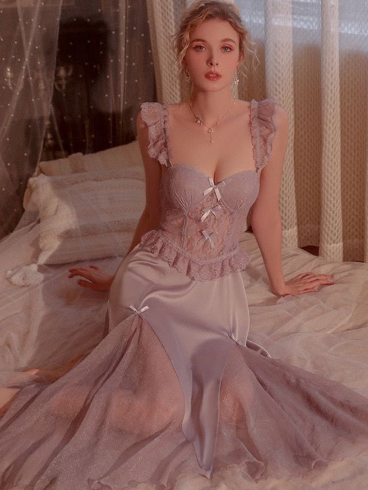 Romantic Lavender Lace - Trimmed Satin Mermaid Nightgown