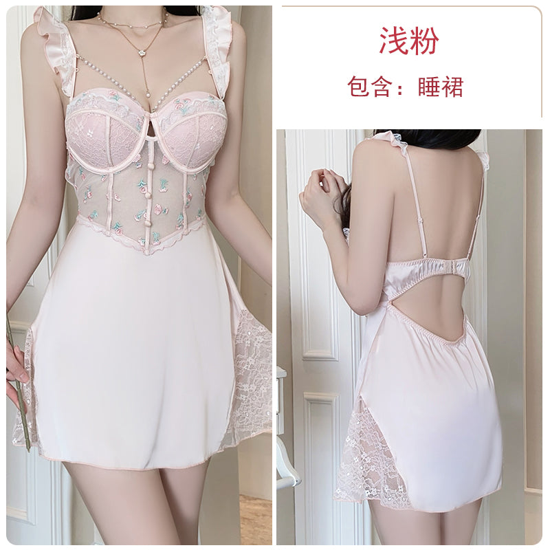 Enchanting Lavender Dream  Floral - Embroidered Lace and Satin Babydoll Nightdress with Pearl Accents