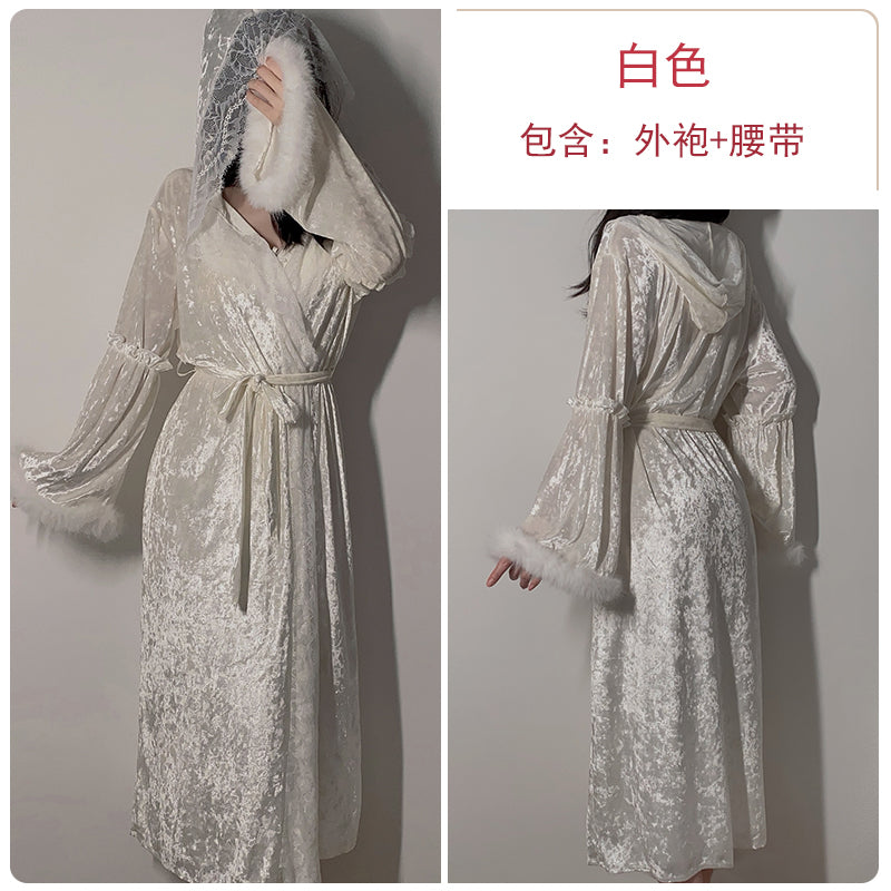 Luxurious White Lace & Satin Nightgown Set with Fur Trim