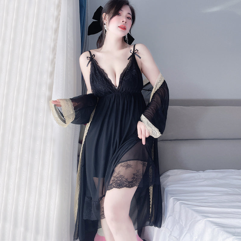Fat mm sexy pajamas women's two-piece set large size breast strap breast pad lace suspender nightgown set 200 pounds sexy lingerie can be worn up to 4xl