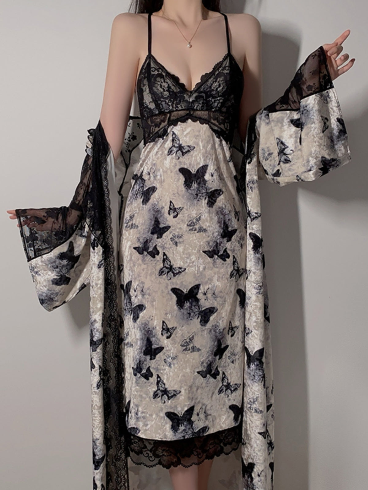 Enchanting Butterfly - Print Satin Nightgown with Black Lace Accents - A Blend of Elegance and Allure