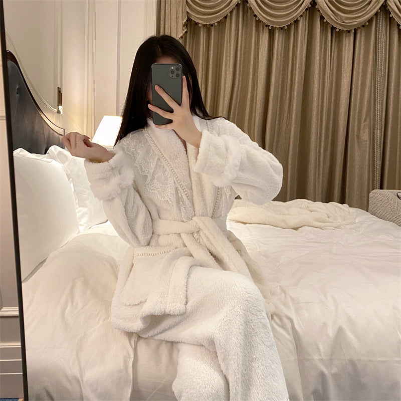 Charming and Warm Cream - Colored and Pink - Trimmed Plush Bathrobe with Delicate Lace Embellishments