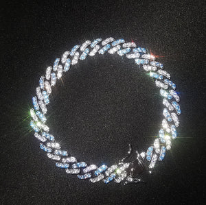 European and American hip-hop 9mm zircon Cuban necklace couple model white and blue simple CubanChain rap bracelet