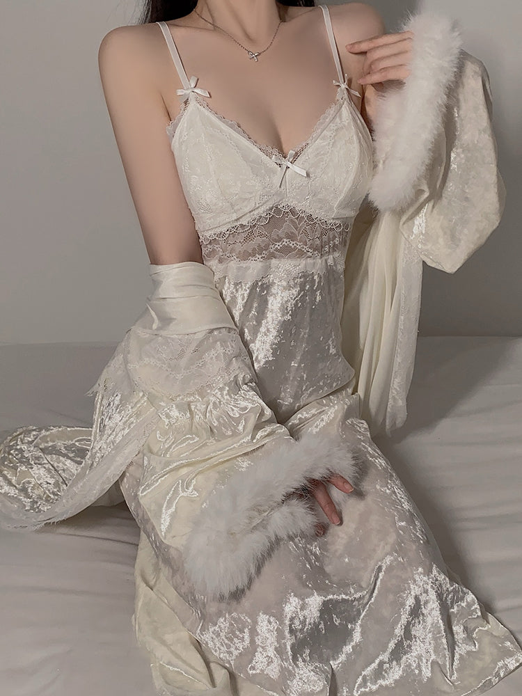Luxurious White Lace & Satin Nightgown Set with Fur Trim
