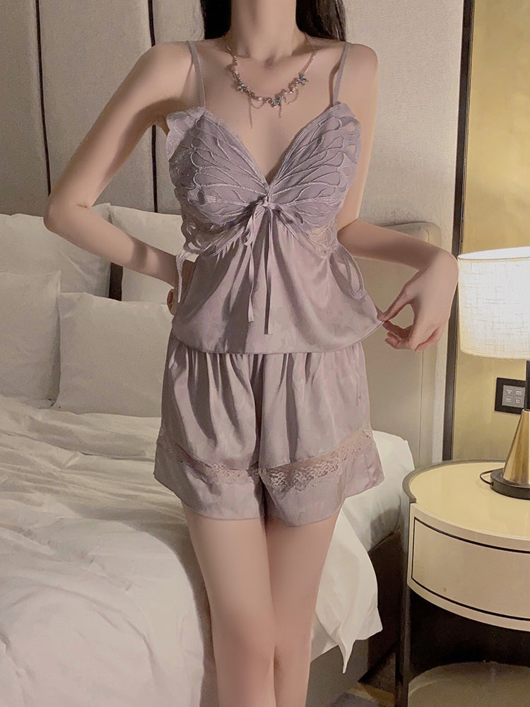 Ethereal Lavender Silk Pajama Set: Camisole & Robe with Exquisite Lace Details