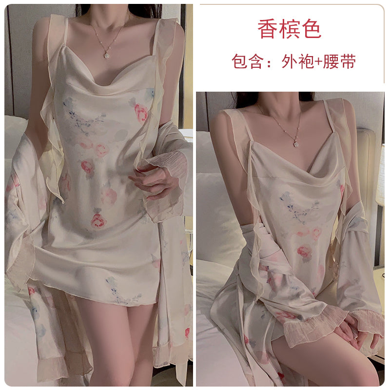 Charming Pastel Floral Print Satin Cami Nightdress with Sheer Robe - Effortless Elegance for Relaxing Evenings