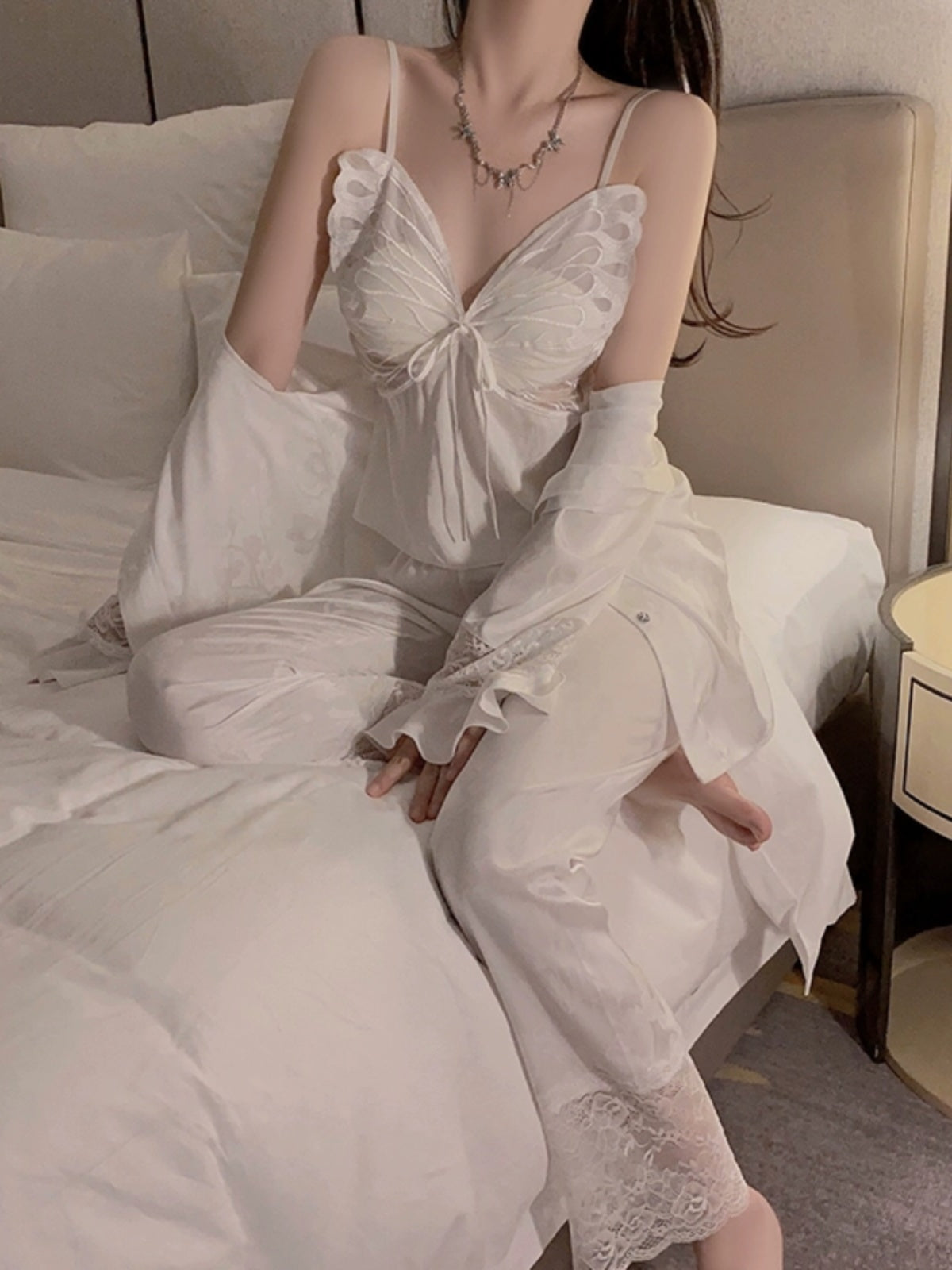 Ethereal Lavender Silk Pajama Set: Camisole & Robe with Exquisite Lace Details