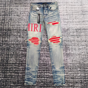 Trendy brand new washed distressed distressed leather casual micro-elastic slim jeans