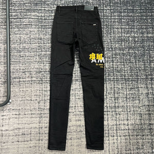 Trendy brand am new style washed, distressed, embroidered, rhinestoned, micro-elastic, slim-fitting jeans, American style