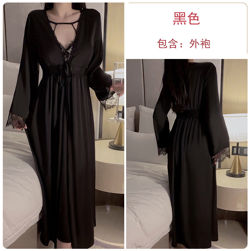 Alluring and Sophisticated Long Black Satin Cami Nightdress with Intricate Lace Inserts and Matching Robe