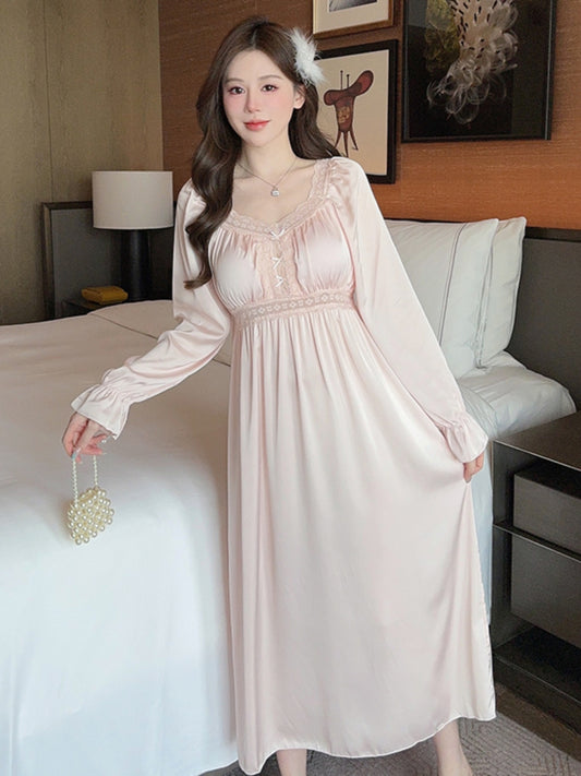 High-end Gongyan style pajamas for women, French sexy long-sleeved nightgown, spring and autumn, long ice silk home clothes with chest pads