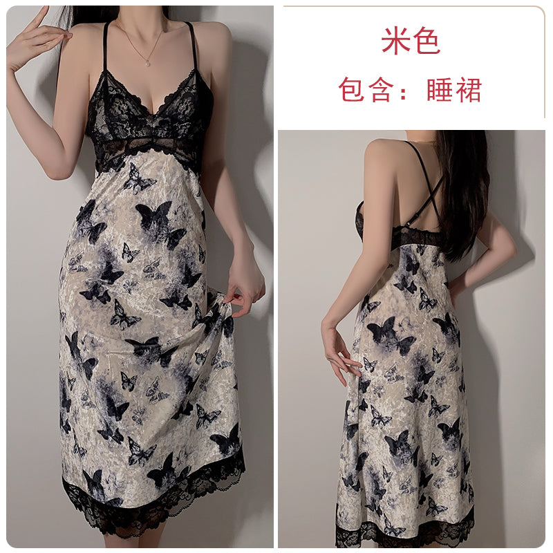 Enchanting Butterfly - Print Satin Nightgown with Black Lace Accents - A Blend of Elegance and Allure