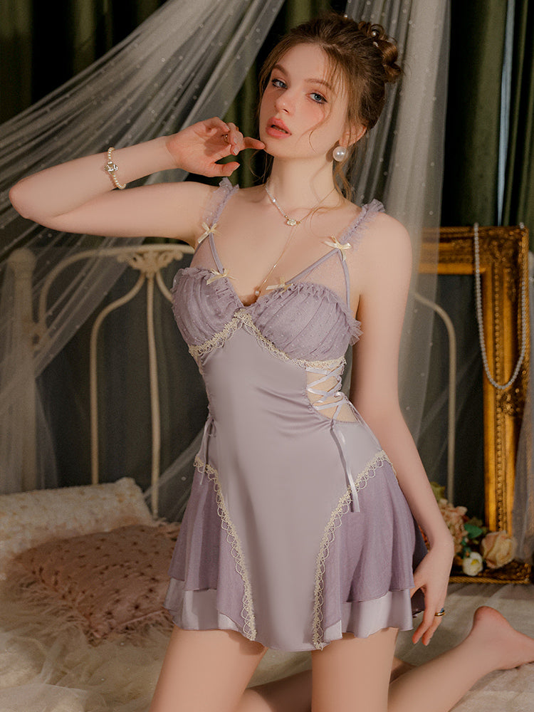 Enchanting Allure: Delicate Lilac Satin and Lace Strappy Babydoll Nightdress with Exquisite Details