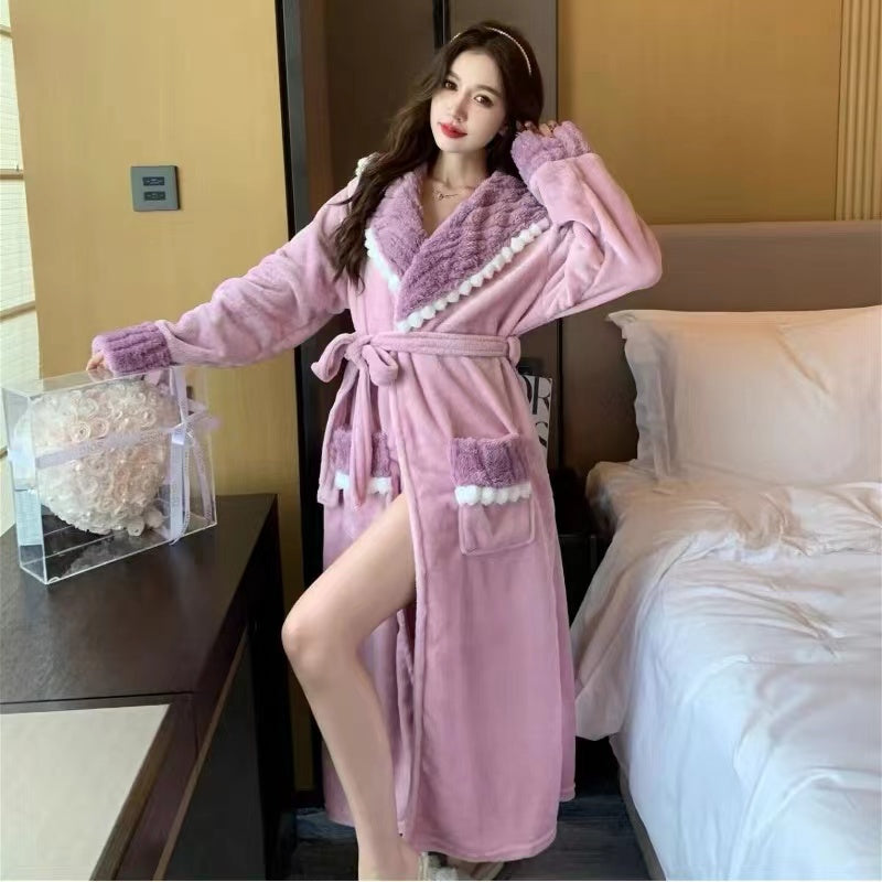 Charming and Warm Cream - Colored and Pink - Trimmed Plush Bathrobe with Delicate Lace Embellishments