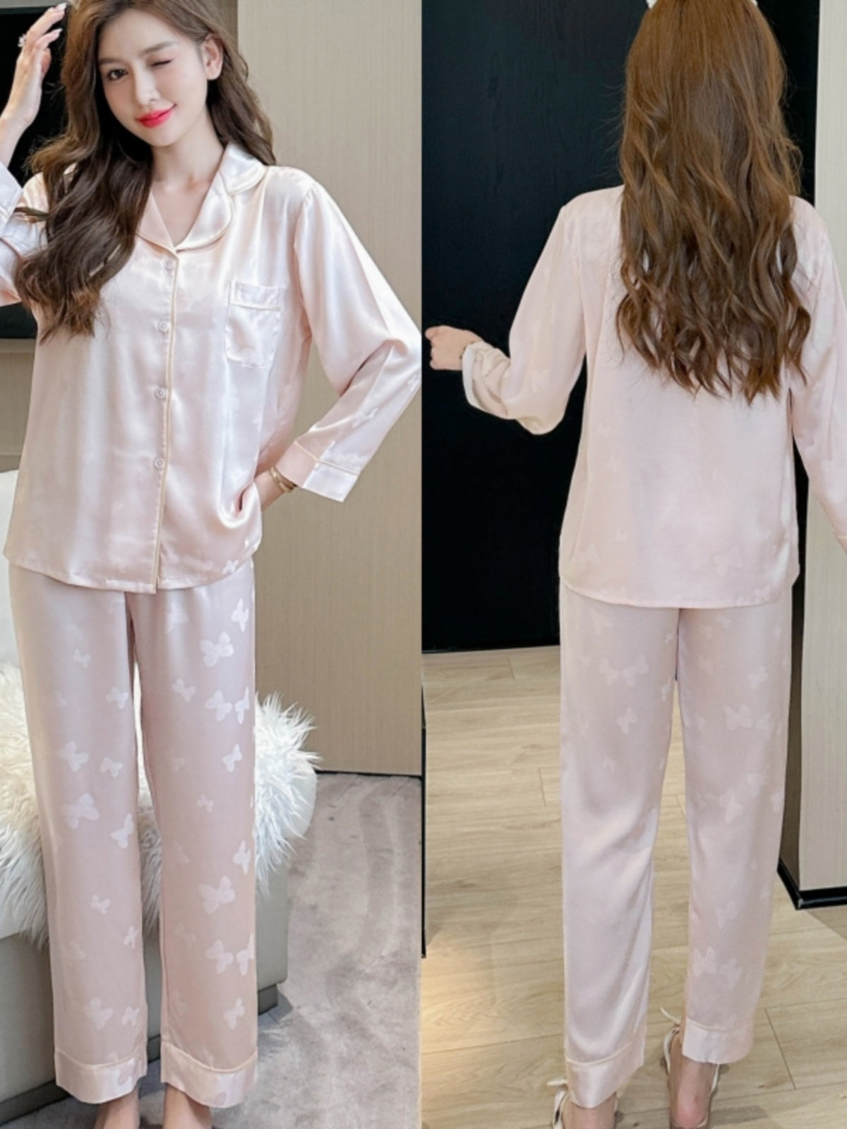Pajama women's long-sleeved trousers suit pure ice silk jacquard cardigan high-end light luxury style home wear