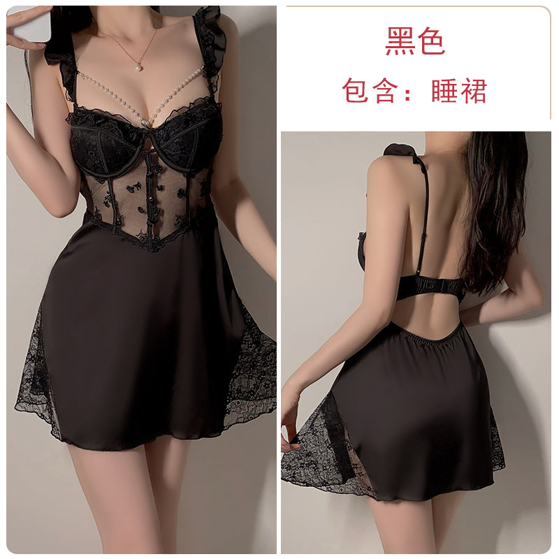 New summer style ice silk pajamas female lace underwear steel ring with chest pad suspenders nightdress home clothes