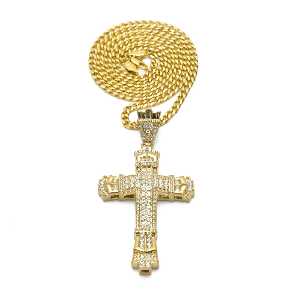 European and American hip-hop alloy diamond retro cross pendant street niche high-end punk personality couple necklace