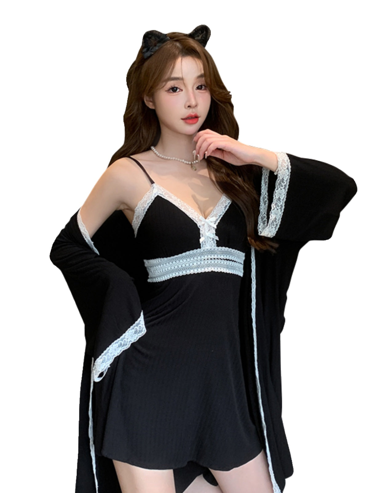 Glamorous Allure  Black Satin Nightdress with White Lace Accents and Matching Robe