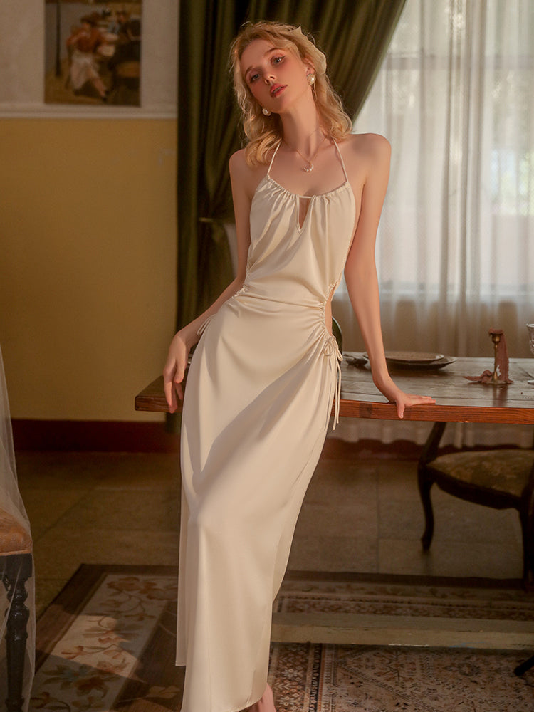Chic Cream - Colored Satin Halter Nightdress with Cut - out Details and Drawstrings - Effortless Style for Relaxing Moments