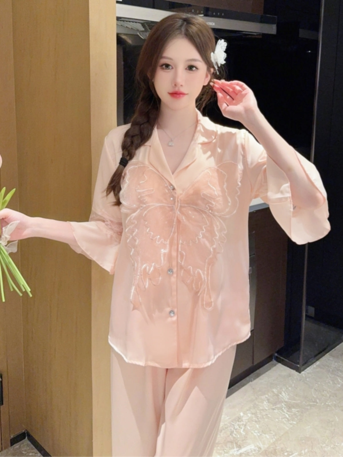 Sweet Elegance! Butterfly - Embellished Satin Pajama Set