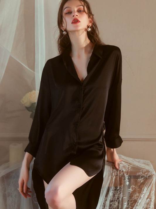 Boyfriend style pure lust sexy nightgown loose spring and summer long-sleeved mid-length shirt style plus size pajamas women's home wear