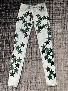 Trendy brand am new washed distressed five-pointed star jeans with slight stretch and slim fit