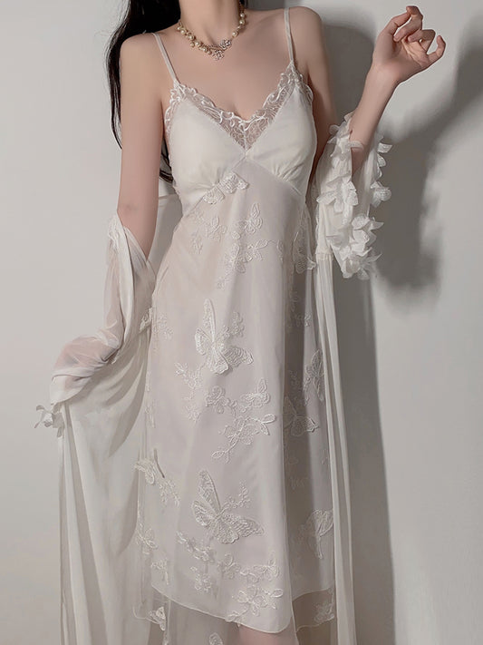 Sexy pajamas for women pure desire mesh temptation with chest pads gathered long suspender nightdress outer robe home clothes spring and summer