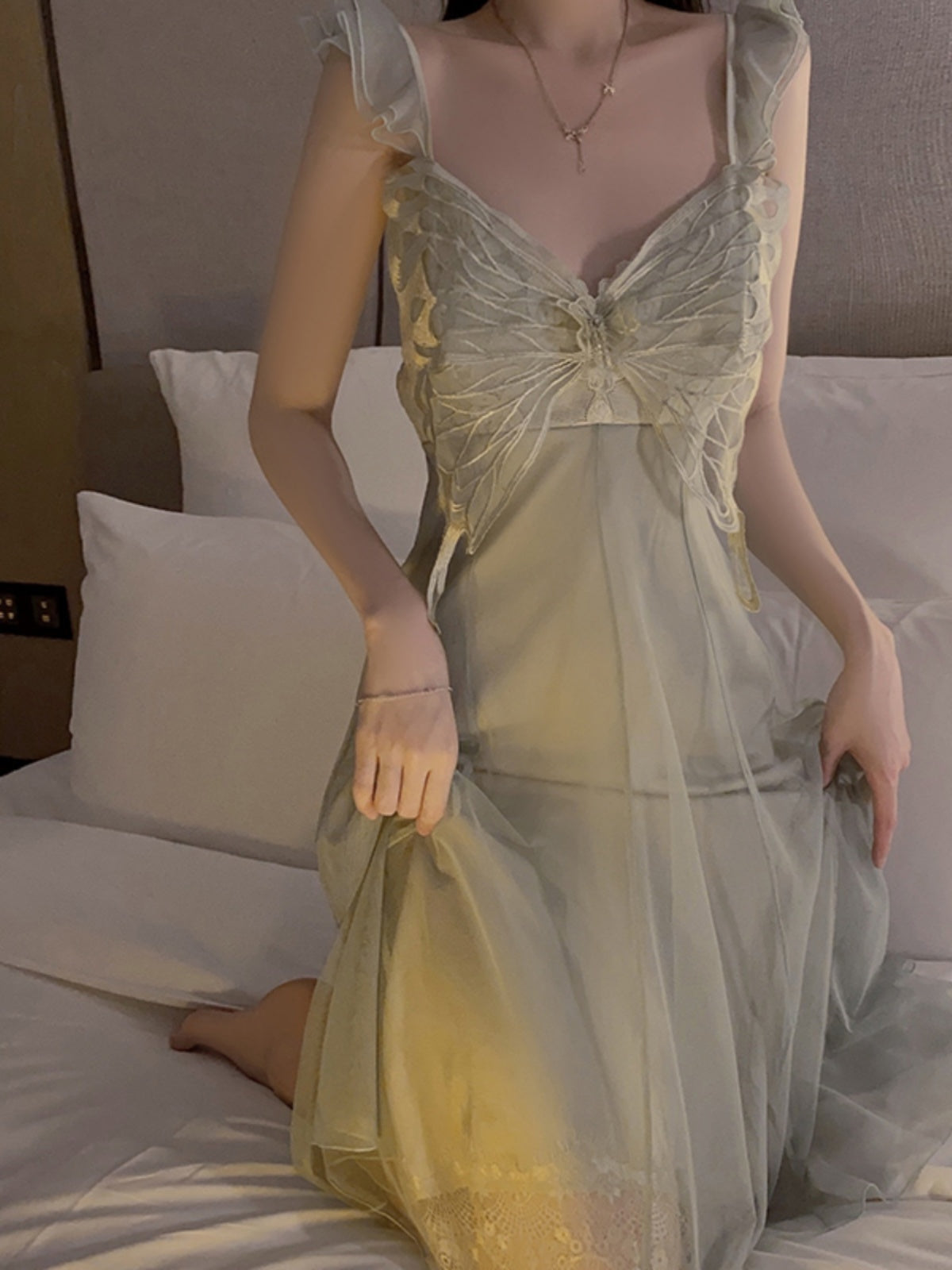 High-end pajamas, feminine bow, lace splicing, mesh, mid-length suspender nightgown, home wear, spring and summer