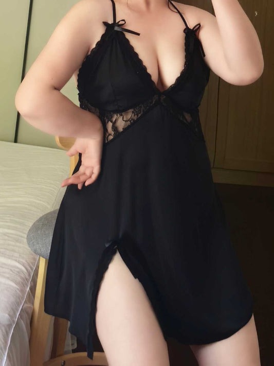 Large size sexy pajamas women's new home clothes fat mm 200 pounds ice silk satin beautiful back suspender nightgown sexy underwear