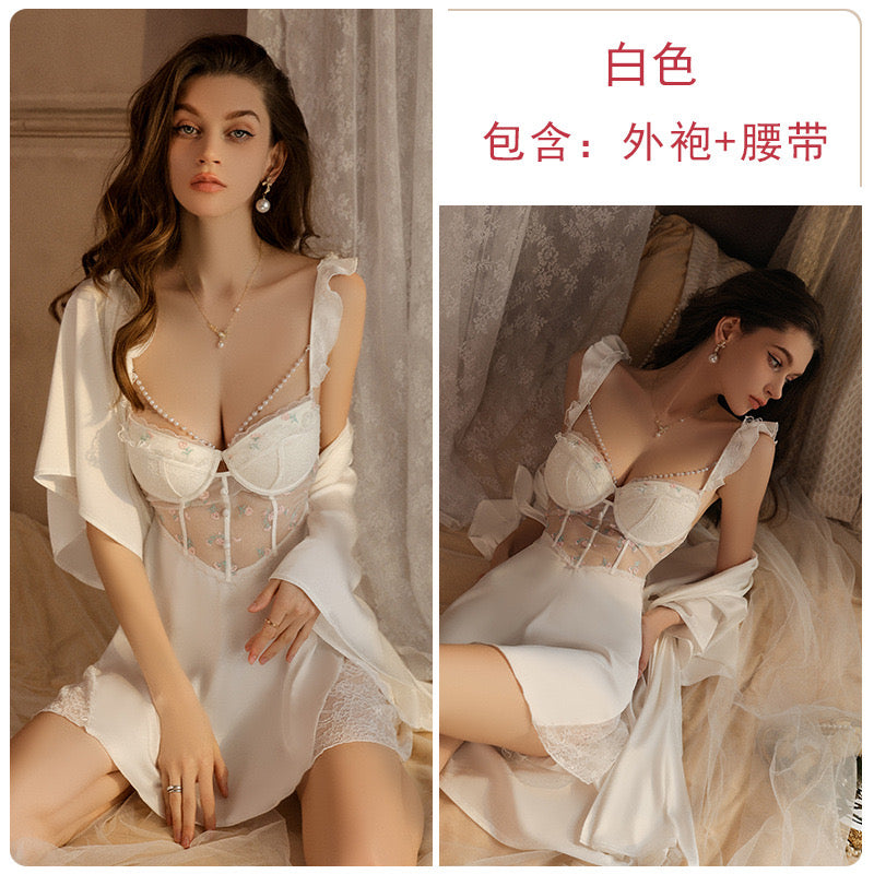 Enchanting Lavender Dream  Floral - Embroidered Lace and Satin Babydoll Nightdress with Pearl Accents