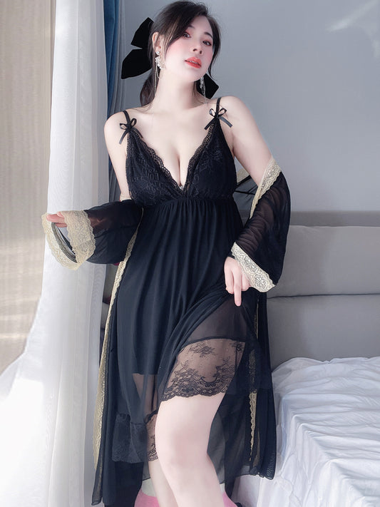 Fat mm sexy pajamas women's two-piece set large size breast strap breast pad lace suspender nightgown set 200 pounds sexy lingerie can be worn up to 4xl