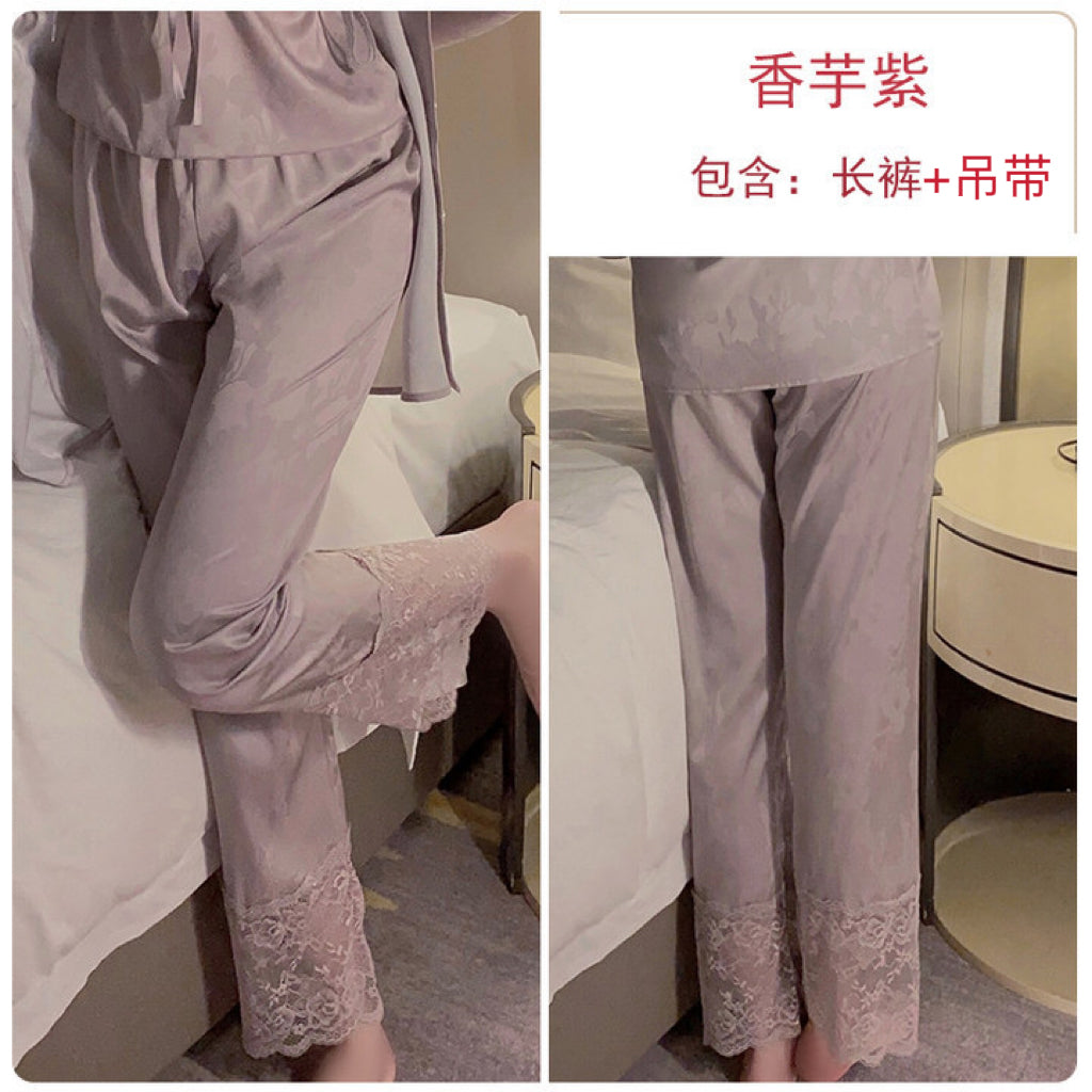 Ethereal Lavender Silk Pajama Set: Camisole & Robe with Exquisite Lace Details