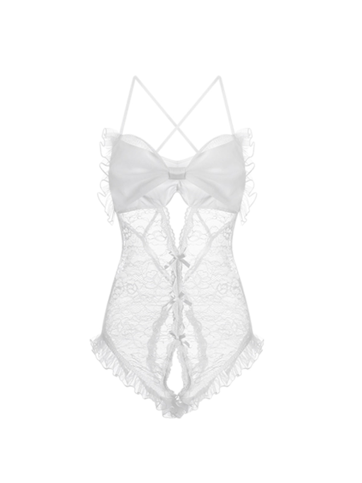 Sexy lingerie for women, pure and transparent mesh lace, bowknot, open-crotch jumpsuit, home clothes set White Lace Teddy with Bow and Ruffle Details