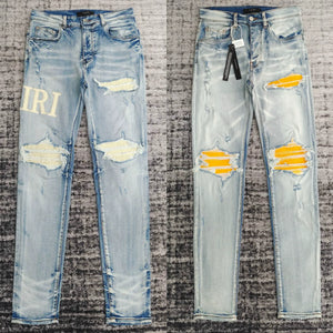 am fashion brand new washed damaged leather splicing slim fit micro-elastic jeans