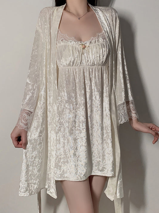 Glamorous and Graceful: Ivory Satin Babydoll with Delicate Lace Trim and Matching Long - Sleeved Robe with Lace - Paneled Cuffs Pajamas Loungewear