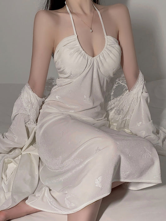 French style halter neck backless sexy pajamas for women in spring and autumn velvet pure desire with chest pad suspenders nightdress outer robe home clothes