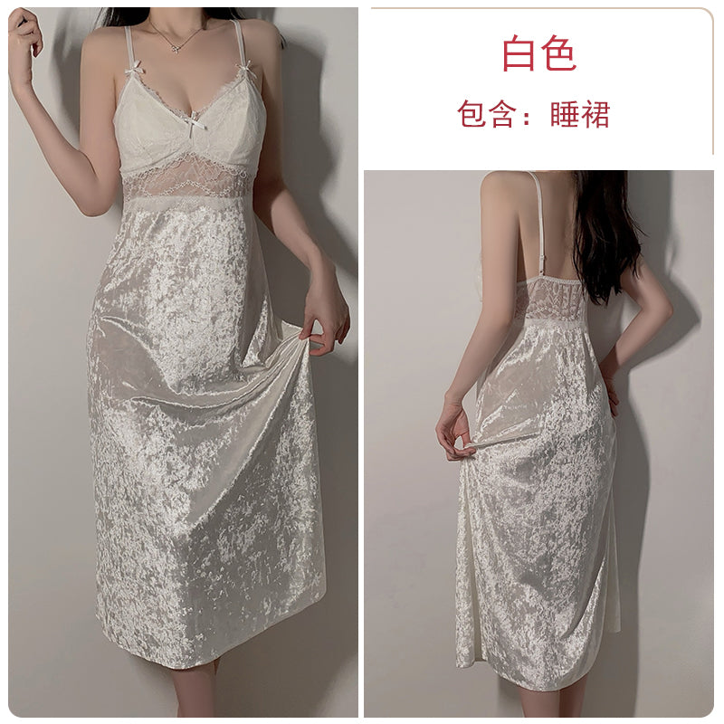 Luxurious White Lace & Satin Nightgown Set with Fur Trim