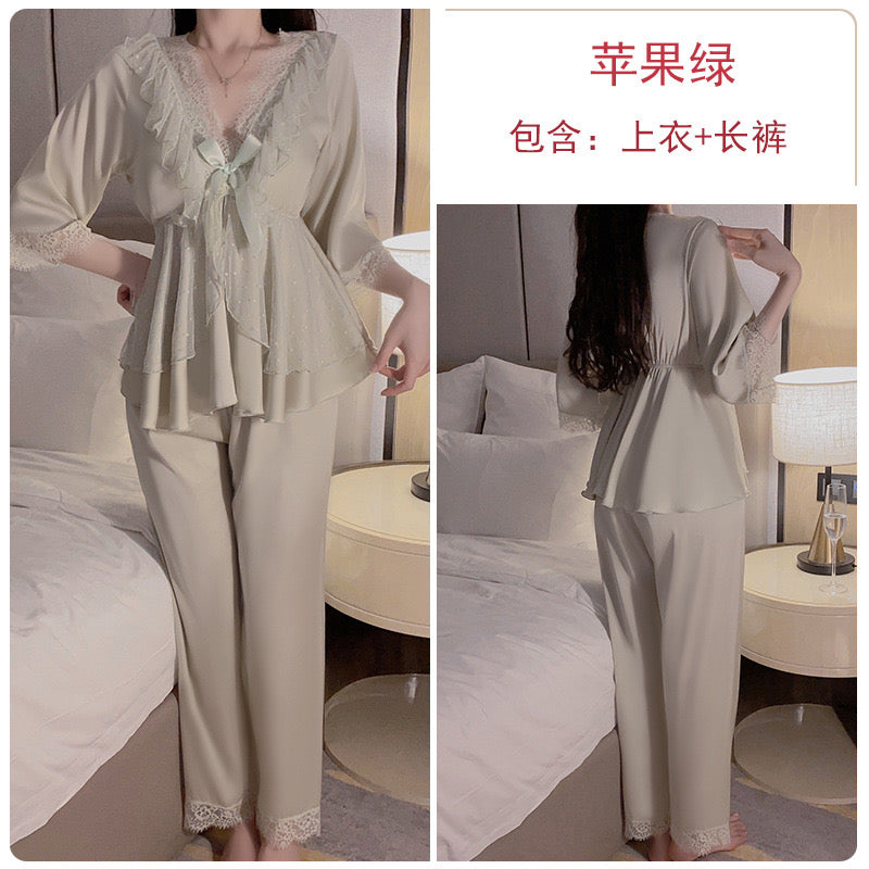 Elegant and Sweet: White Satin Pajama Set with Delicate Lace and Charming Bow Accents