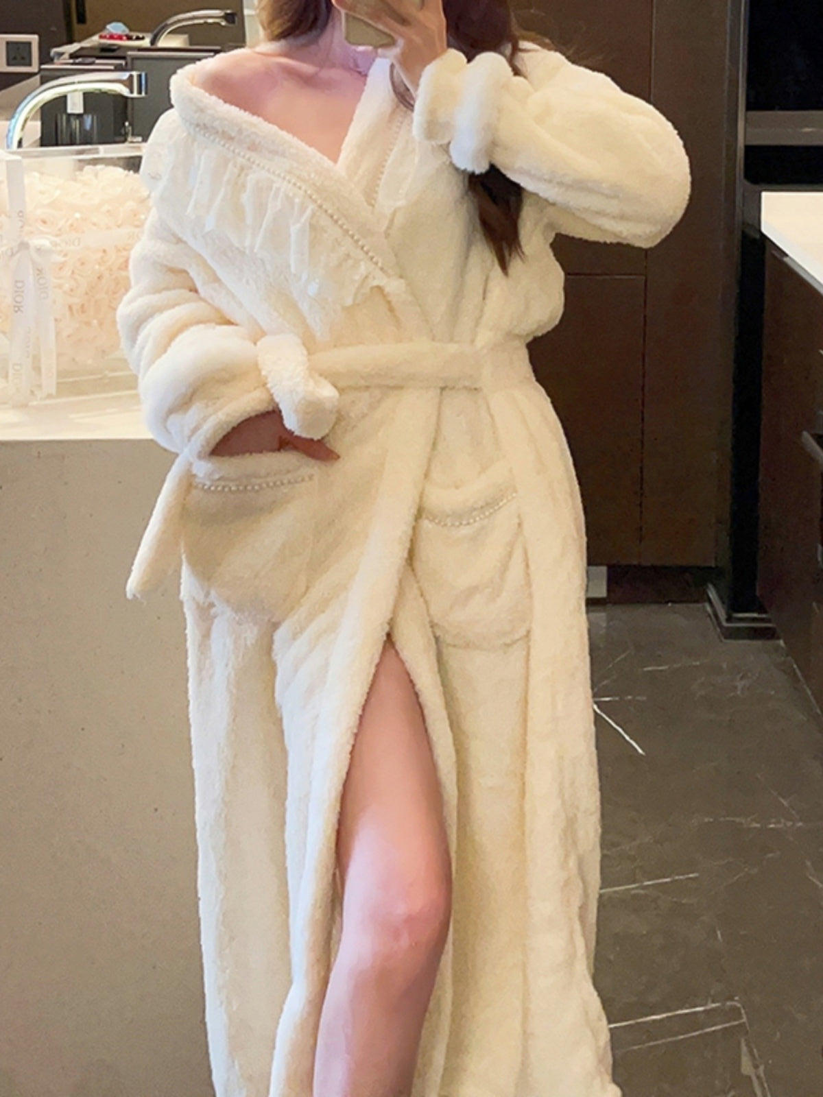 Charming and Warm Cream - Colored and Pink - Trimmed Plush Bathrobe with Delicate Lace Embellishments