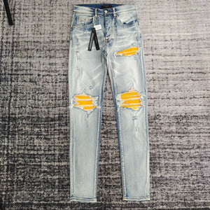 am fashion brand new washed damaged leather splicing slim fit micro-elastic jeans