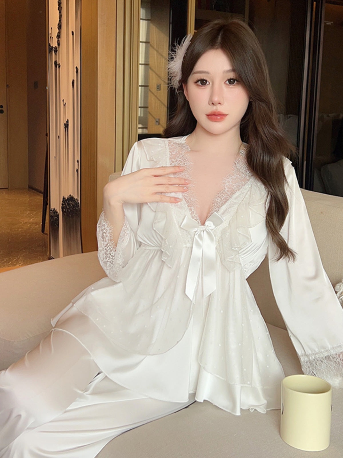Elegant and Sweet: White Satin Pajama Set with Delicate Lace and Charming Bow Accents