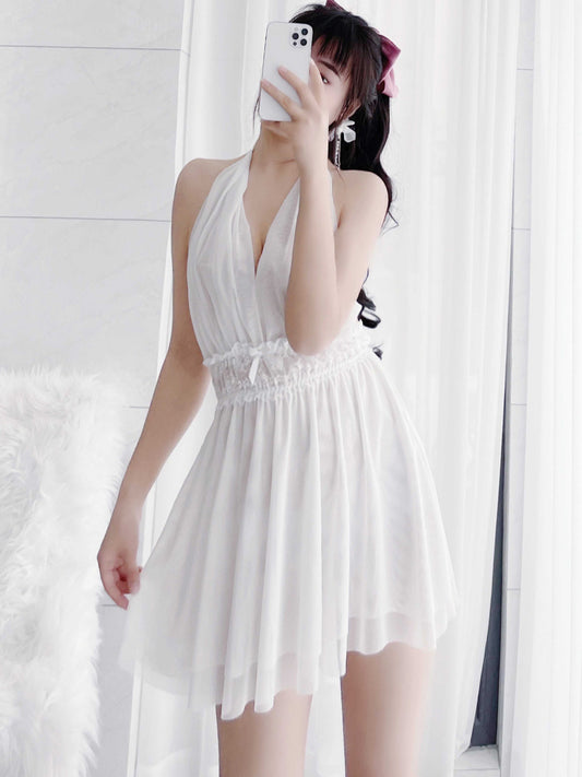 Plus size pajamas for women summer thin v-neck fat mm private sexy lace tulle see-through halter neck backless nightgown 200 pounds