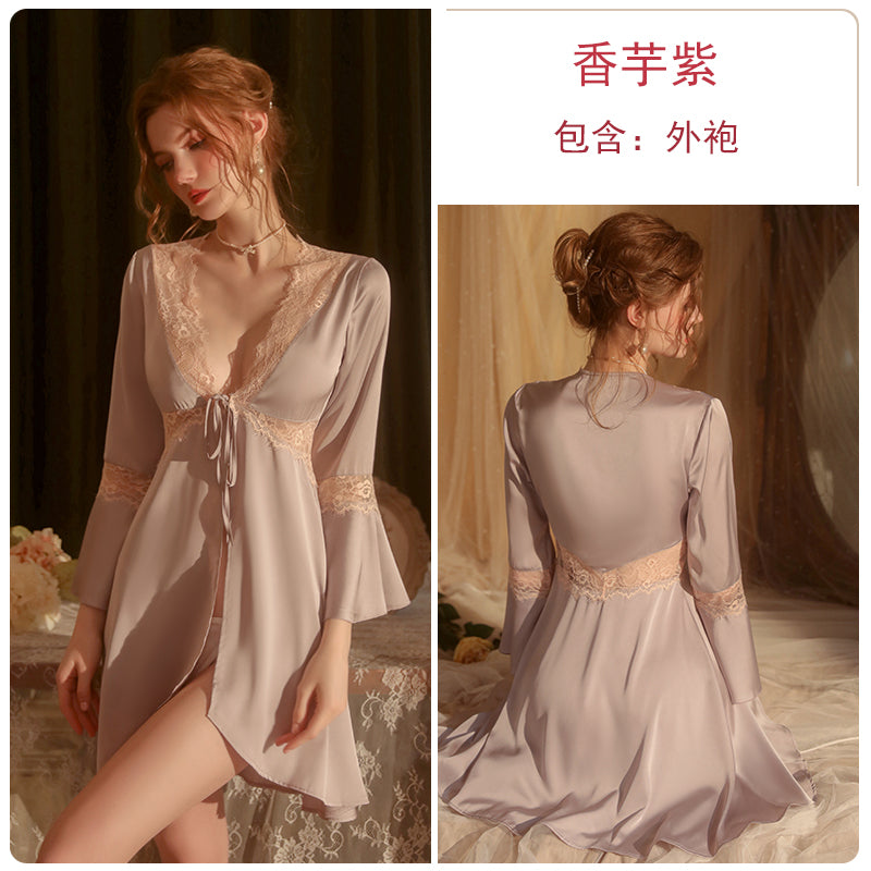 Pajamas for women in spring and autumn, thin pajamas for women in summer, ice silk sexy lace bathrobes, high-end nightgowns, dressing gowns, home clothes