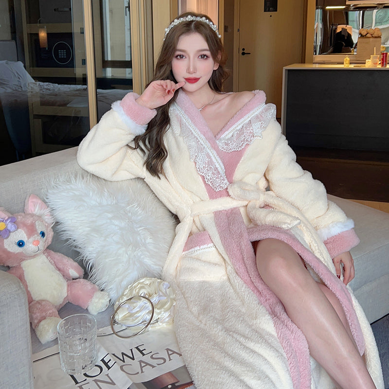 Charming and Warm Cream - Colored and Pink - Trimmed Plush Bathrobe with Delicate Lace Embellishments