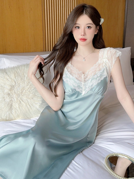 Sexy pajamas women summer ice silk light luxury palace extended style with chest pad lace suspender nightdress new spring and autumn style