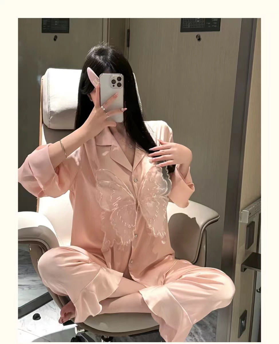Sweet Elegance! Butterfly - Embellished Satin Pajama Set