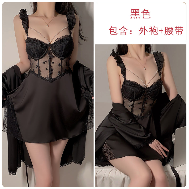 Enchanting Lavender Dream  Floral - Embroidered Lace and Satin Babydoll Nightdress with Pearl Accents