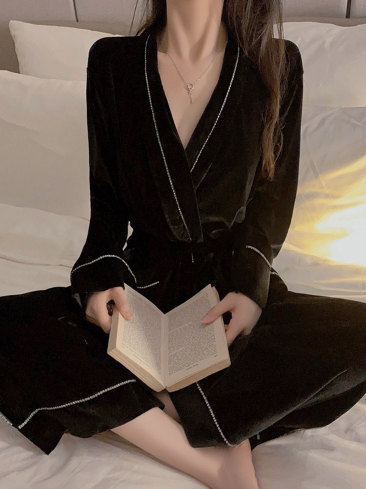 Luxurious Black Velvet Robe with Elegant White Piping