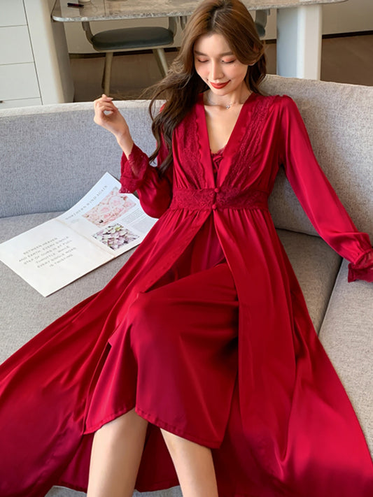 Red Pajamas for Women Spring and Summer Sexy Pure Desire With Breast Pad Wedding Suspender Nightgown Two-piece Set Ice Silk Long Style Women